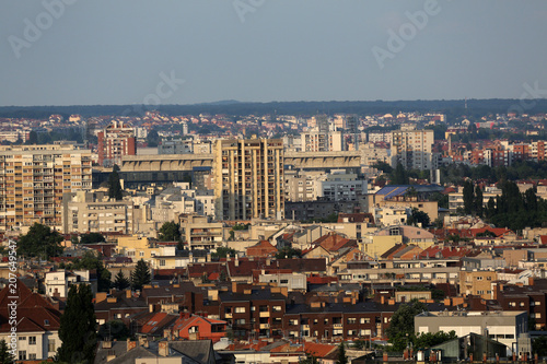 Fototapeta Naklejka Na Ścianę i Meble -  Aerial view of Zagreb, east part panorama in bright sunny day, Zagreb, Croatia 
