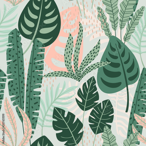 Abstract seamless pattern with tropical leaves.