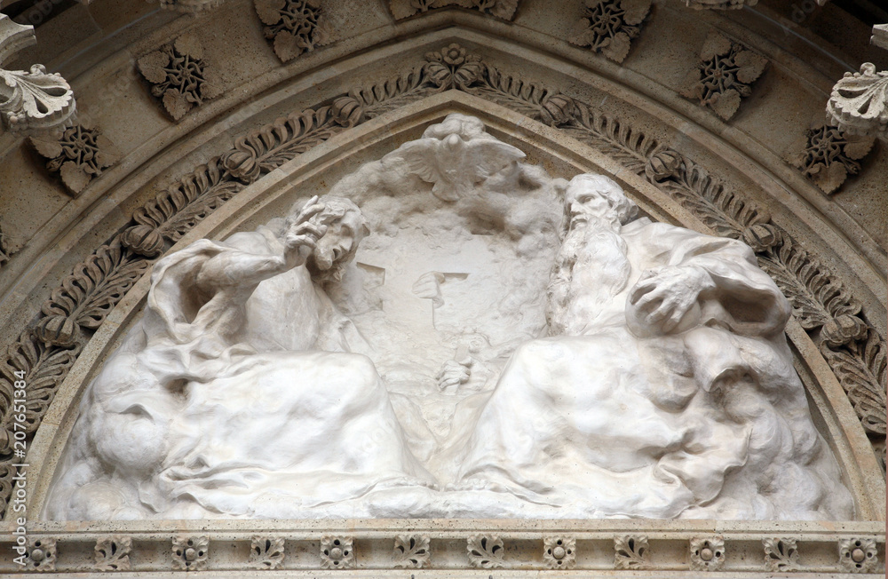 Holy Trinity on the portal of the cathedral dedicated to the Assumption of Mary in Zagreb, Croatia