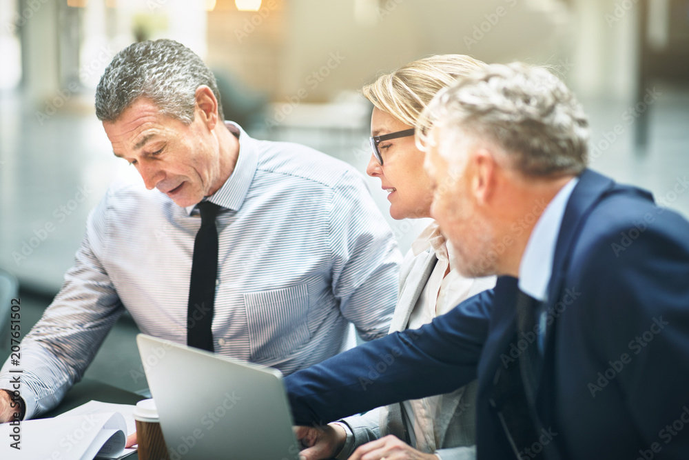 Mature business colleagues discussing work together in an office Mature business colleagues discussing work together in an office