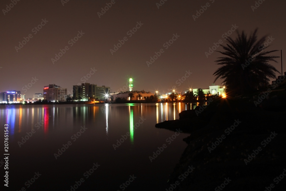 The Jaffali Mosque nearby Balad (Shopping area) at night in Jeddah, Saudi Arabia
