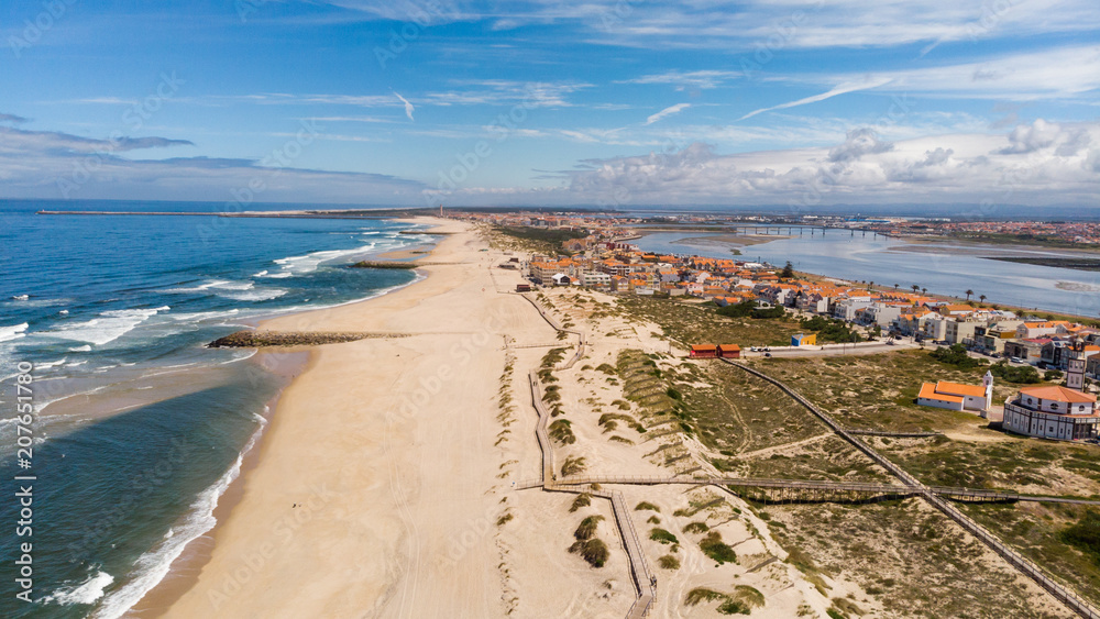 Aerial shot of the beach of Costa Nova, Aveiro, Portugal