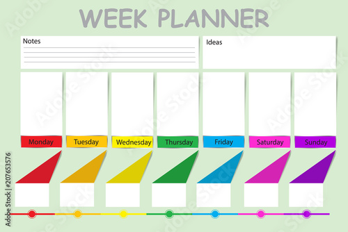 Weekly planner with timeline, white rectangle for the main daily goals and the arrows pointing to the day chart ready for your text. Charts for notes and ideas are in the upper side of the vector. 