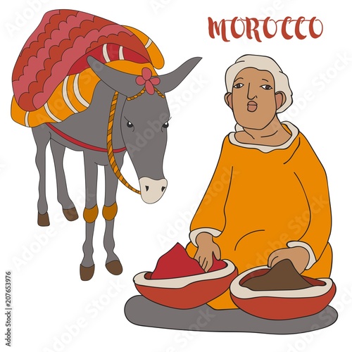 Traditional moroccan man and donkey vector illustration isolated on white background, Morocco attractions
