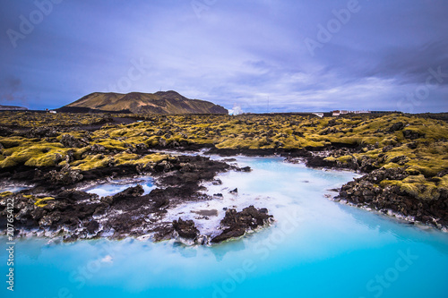 Blue Lagoon - May 09, 2018: Volcanic terrain at the Blue Lagoon thermal water spa, Iceland