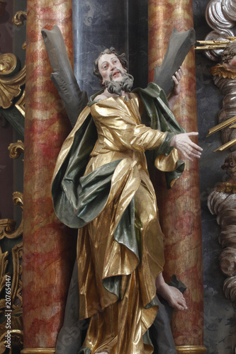 Saint Andrew Apostle statue on the altar in the Baroque Church of Our Lady of the Snow in Belec, Croatia photo