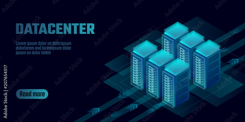 Isometric datacenter cloud computing storage concept banner. Site hosting big data processing rack rent. Mainframe computer network system server farm mining 3d neon dark design vector illustration Isometric datacenter cloud computing storage concept banner. Site hosting big data processing rack rent. Mainframe computer network system server farm mining 3d neon dark design vector illustration