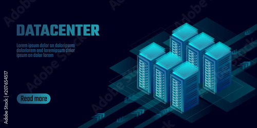 Isometric datacenter cloud computing storage concept banner. Site hosting big data processing rack rent. Mainframe computer network system server farm mining 3d neon dark design vector illustration