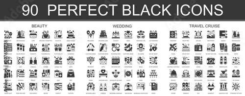 90 beauty, wedding, travel cruise classic black mini concept symbols. Vector modern icon pictogram illustrations set.