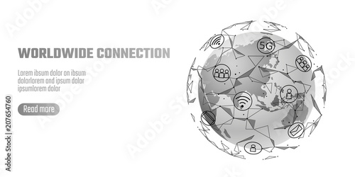 Global network connection. World map Asia continent point line worldwide information technology dat exchange business. Planet Earth space low poly polygonal render vector Illustration