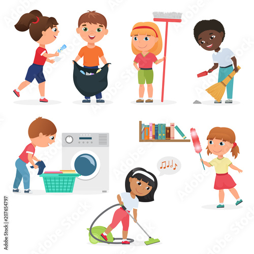Vector Cartoon kids cleaning at home set. Children in various cleaning positions.