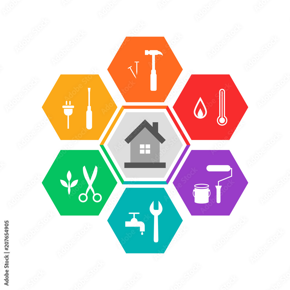 House and work tools concept in colorful flat design. Icons in hexagon shape.