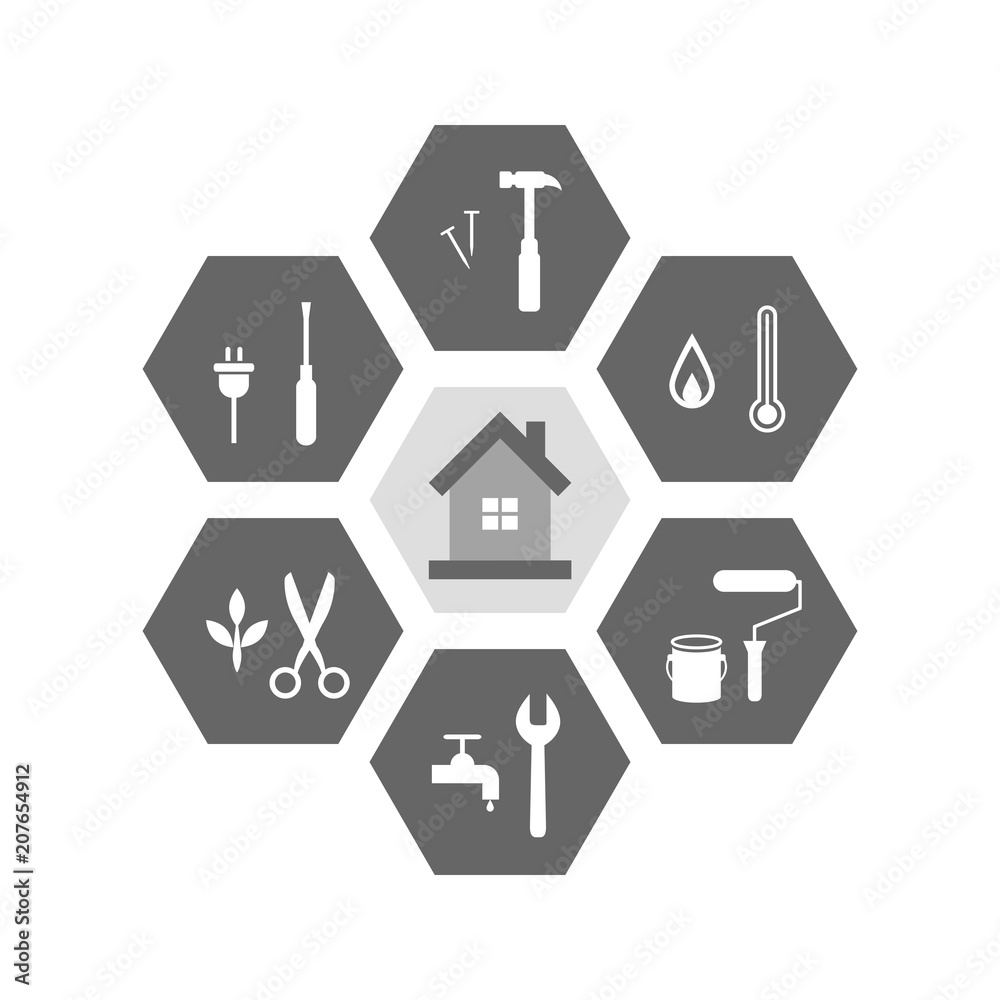 House and work tools around it as repair and renovation concept. Icons in hexagon shape. House and work tools around it as repair and renovation concept. Icons in hexagon shape.