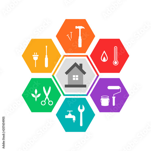 House and work tools concept in colorful flat design. Icons in hexagon shape.
