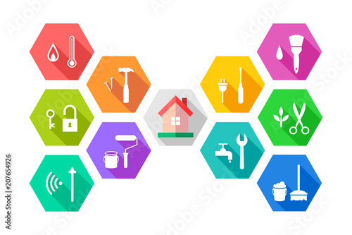 Facility management concept with house and related working tools in colorful flat design. Icon set in hexagon shape. photo