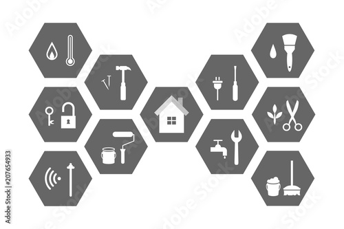 Facilities management concept with building and working tools. Extensive icon set and illustration.