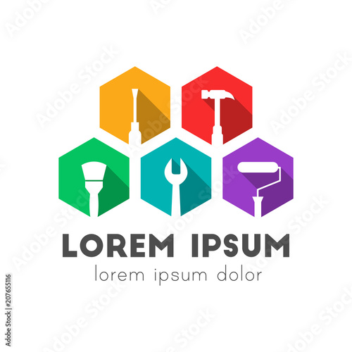 Building, repair and maintenance logo concept with work tool icons. Colorful flat design with long shadow. 