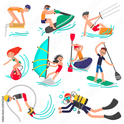 People involved in popular and new water sports flat characters set. Color vector illustration