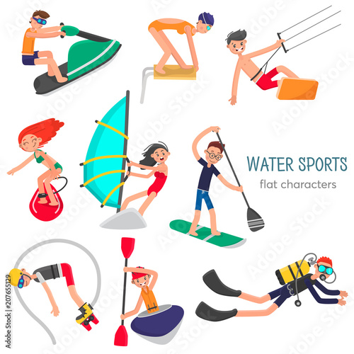 People involved in popular and new water sports flat characters set. Color vector illustration