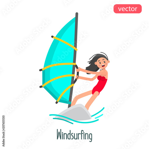 Windsurfing girl flat character. Color vector illustration