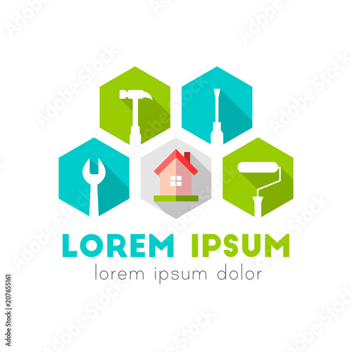 House and work tools as logo concept in flat design with long shadow