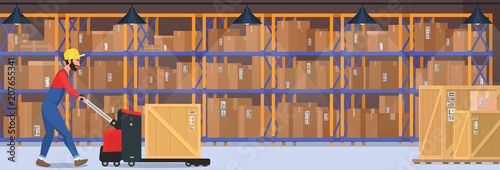Modern warehouse vector interior with goods, pallet trucks and industrial worker who carrying dalivery box. photo