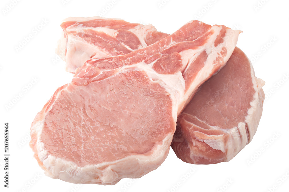fresh raw meat on white background, pork, beef, chop on a bone, clipping path, full depth of field