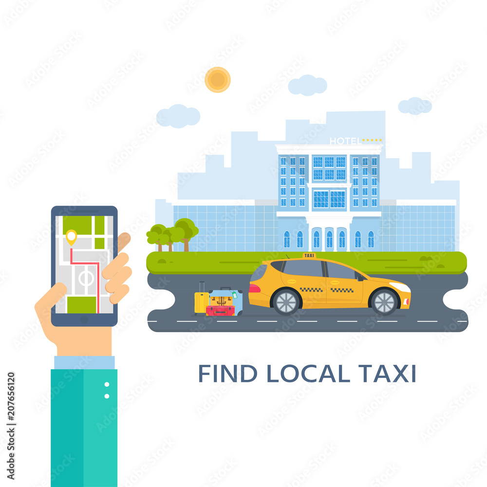 Banner with the machine yellow cab in the city. Hand holding phone with taxi service mobile app . Banner with the machine yellow cab in the city. Hand holding phone with taxi service mobile app .