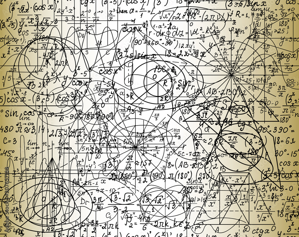Scientific mathematical vector seamless pattern with handwritten formulas, geometrical figures and equations, shuffled together. Old paper effect