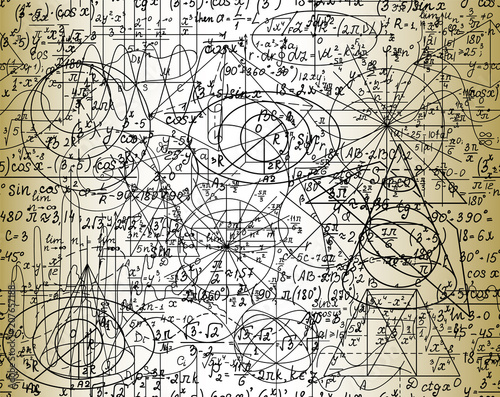 Scientific mathematical vector seamless pattern with handwritten formulas  geometrical figures and equations  shuffled together. Old paper effect