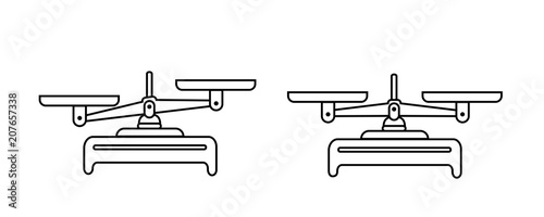 Balance scale icon set. Bowls of scales in balance, an imbalance of scales. Vector symbol illustration. Line design.Precision.flat vector