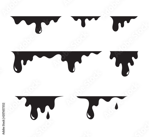 Paint dripping set. Black dripping liquid for glasses.Paint flows abstract. Current paint, stains. Current drops falling. Current inks. Vector illustration.Splash paintbrush.Melt industry