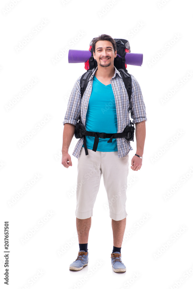 Backpacker with large backpack isolated on white Backpacker with large backpack isolated on white