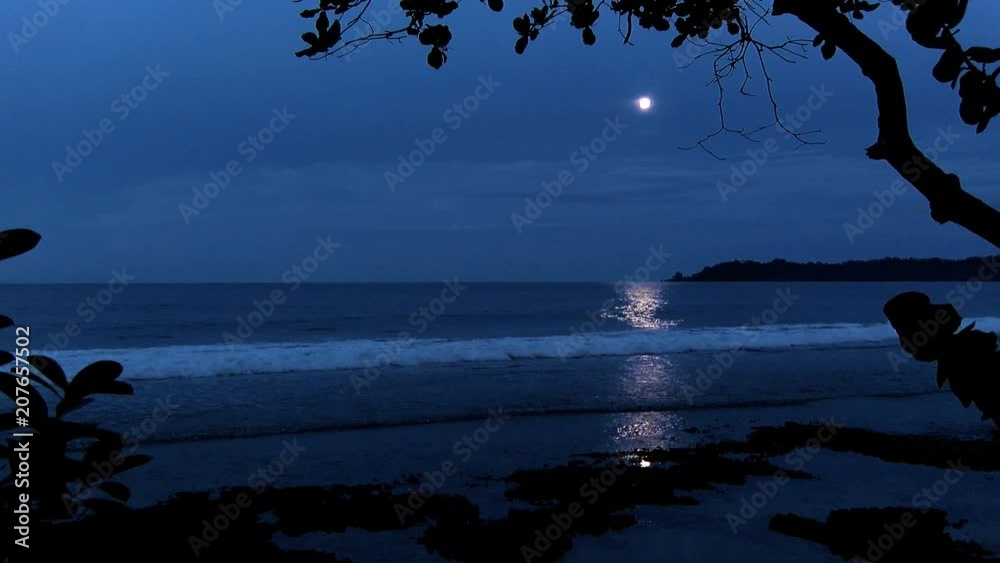 Full moon on a Caribbean Beach.  White wake on the waves of the sea in the tropics. Waves breaking on the shore in the light of the moon.