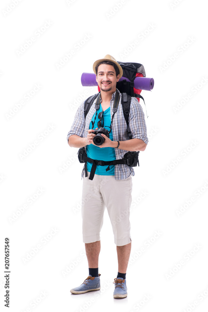Backpacker with camera isolated on white background Backpacker with camera isolated on white background