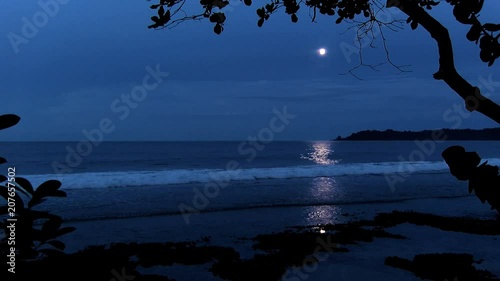 Full moon on a Caribbean Beach.  White wake on the waves of the sea in the tropics. Waves breaking on the shore in the light of the moon.