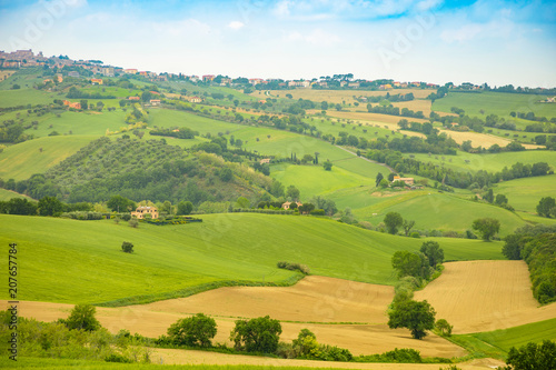 Rural Landscape at summer fields in Italian province of Ancona, Italy