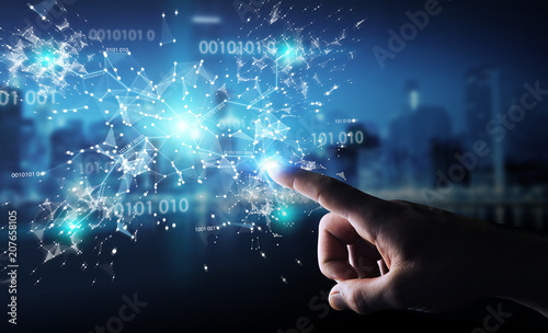 Businessman using digital binary code connection network 3D rendering