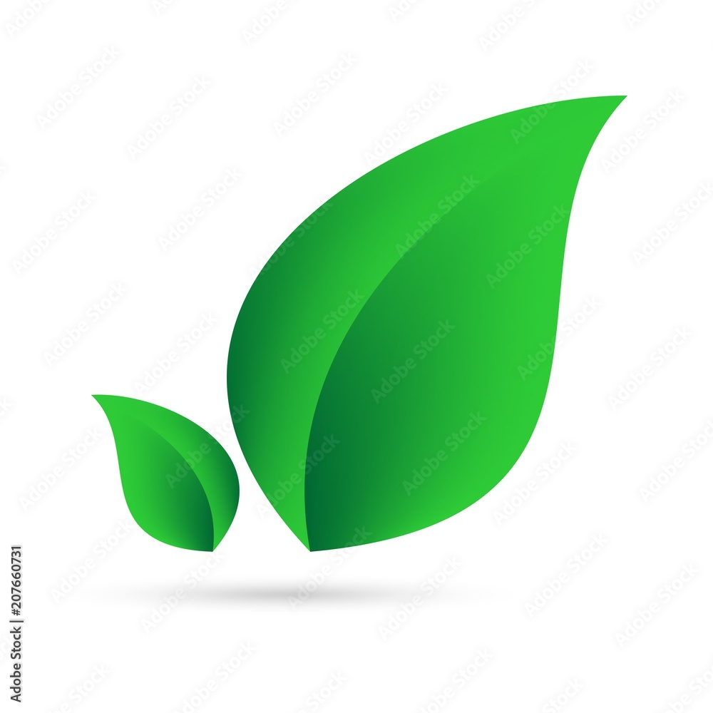 Eco icon from green leaves side by side on a white background with gray shadow on the bottom. Abstract design natural Eco icon from green leaves side by side on a white background with gray shadow on the bottom. Abstract design natural