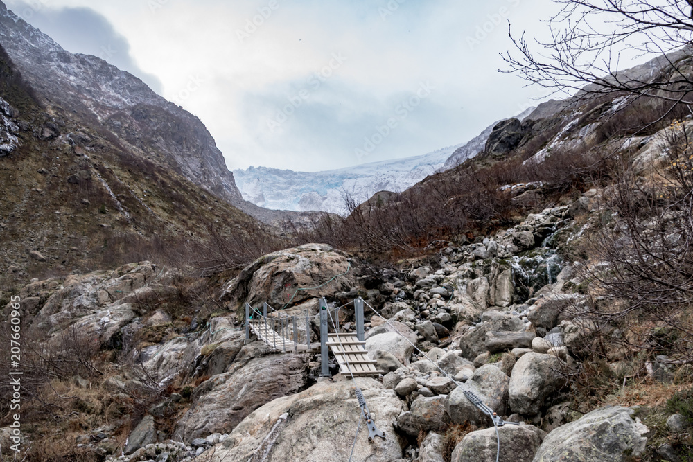 Buerbreen glacier suspension bridge hiking