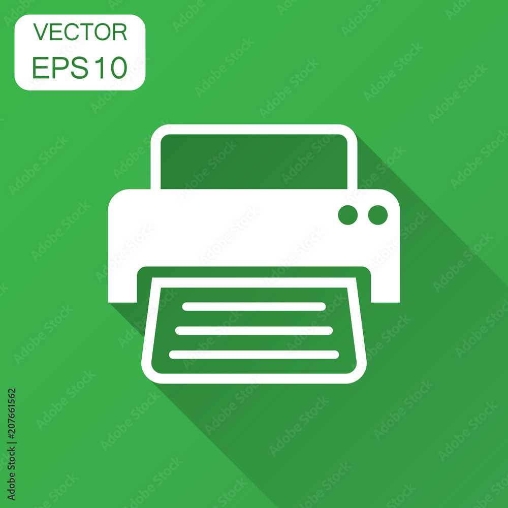 Printer icon. Vector illustration with long shadow. Business concept document printing pictogram. Printer icon. Vector illustration with long shadow. Business concept document printing pictogram.