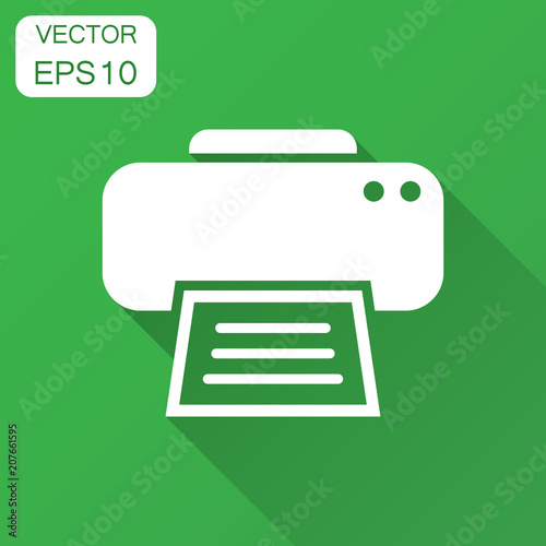 Printer icon. Vector illustration with long shadow. Business concept document printing pictogram.