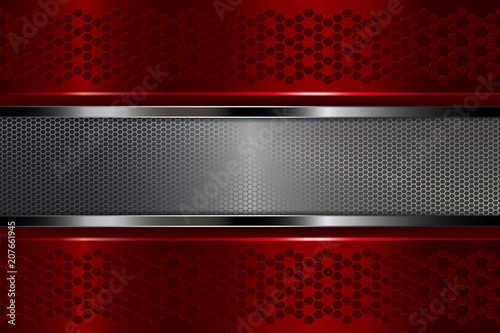 Geometric design of a red hue with a frame made of metal mesh grating with edging.