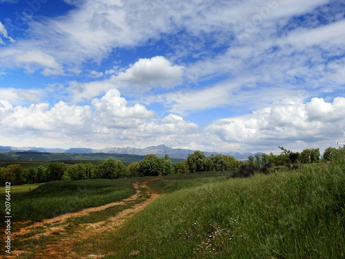 Paisaje con camino de arena y cielo de nubes blancas