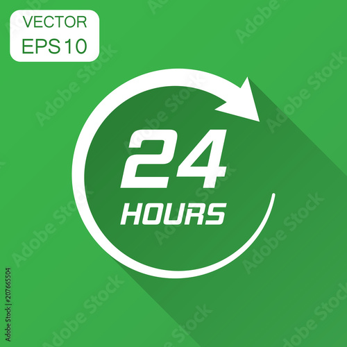 Twenty four hour clock icon in flat style. 24/7 service time illustration with long shadow. Around the clock sign concept.