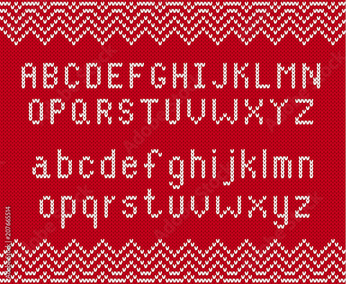Knitted textured background with alphabet. Knit geometric ornament with letters in scandinavian style.