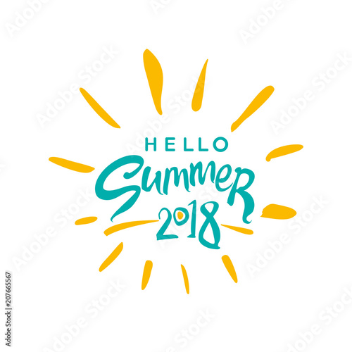 Vector lettering template Hello Summer 2018 and rays of the sun.