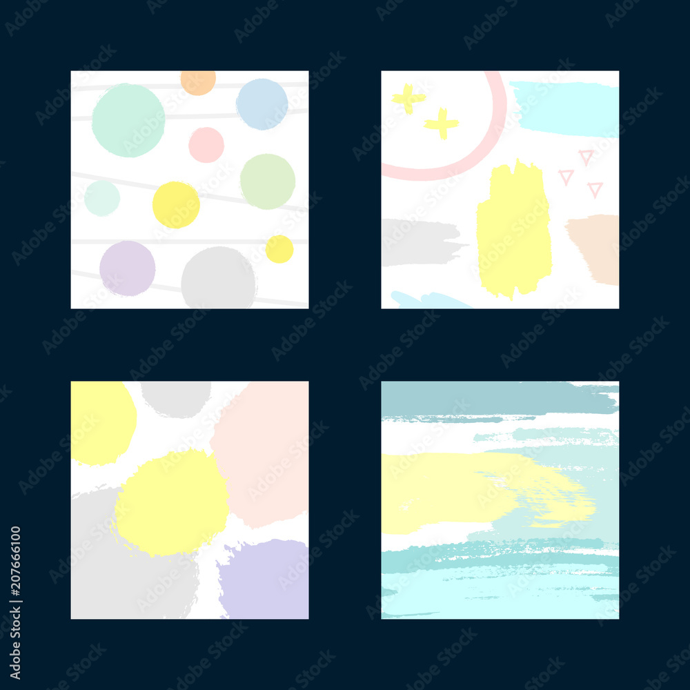 Set of square watercolour templates for design. Patterns drawn by hand with rough brush.