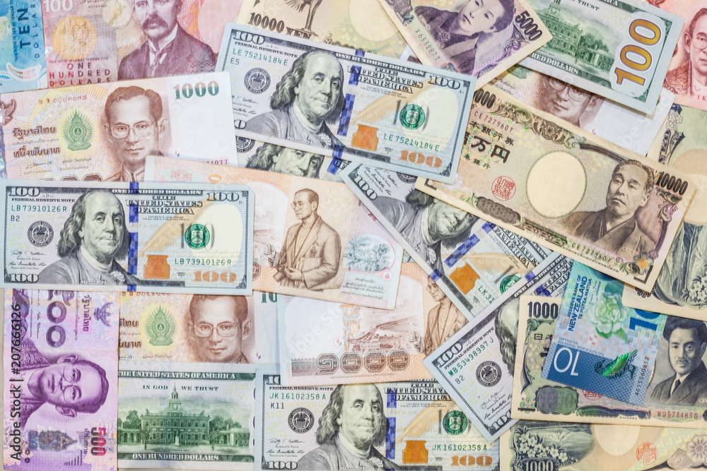 various international foreign currency banknotes background. International trade, money cross border concept