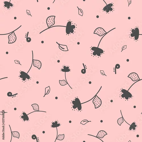 Tapety Powtarzające się kwiaty, liście i okrągłe kropki rysowane ręcznie. Kwiatowy wzór. Szkic, bazgroły, bazgroły.